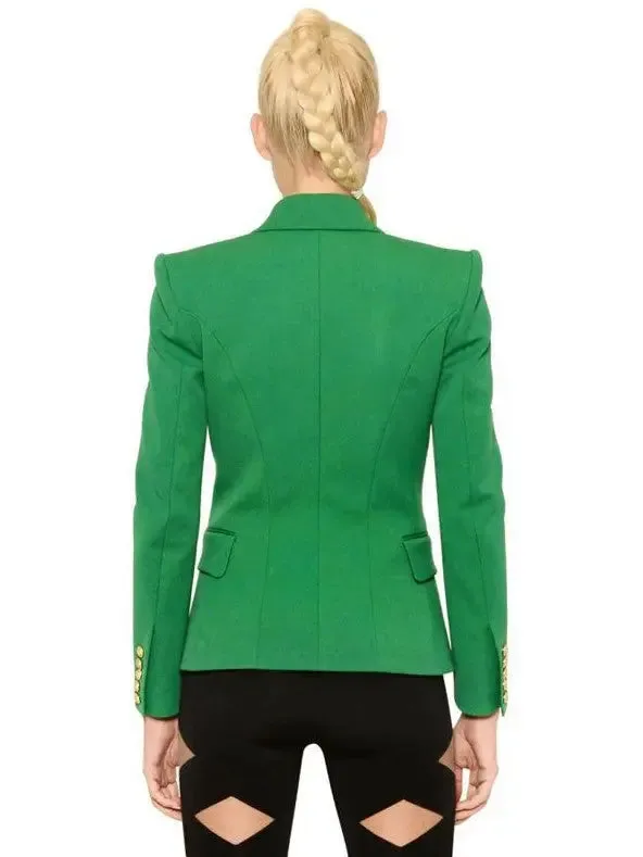 Women’s Double-Breasted Gold Button Twill Blazer, Green