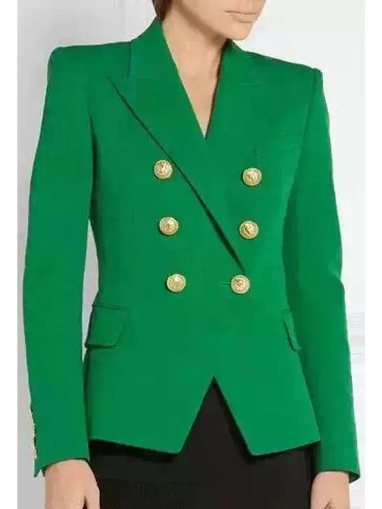 Women’s Double-Breasted Gold Button Twill Blazer, Green