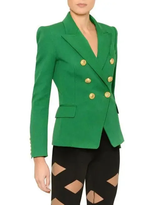 Women’s Double-Breasted Gold Button Twill Blazer, Green