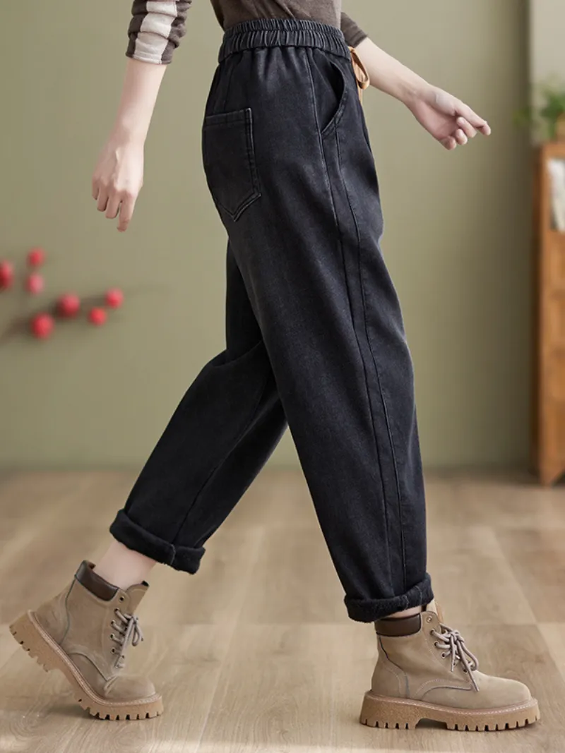 Women's Winter Velvet Thickened Jeans Elastic waist Tied Harem Pants