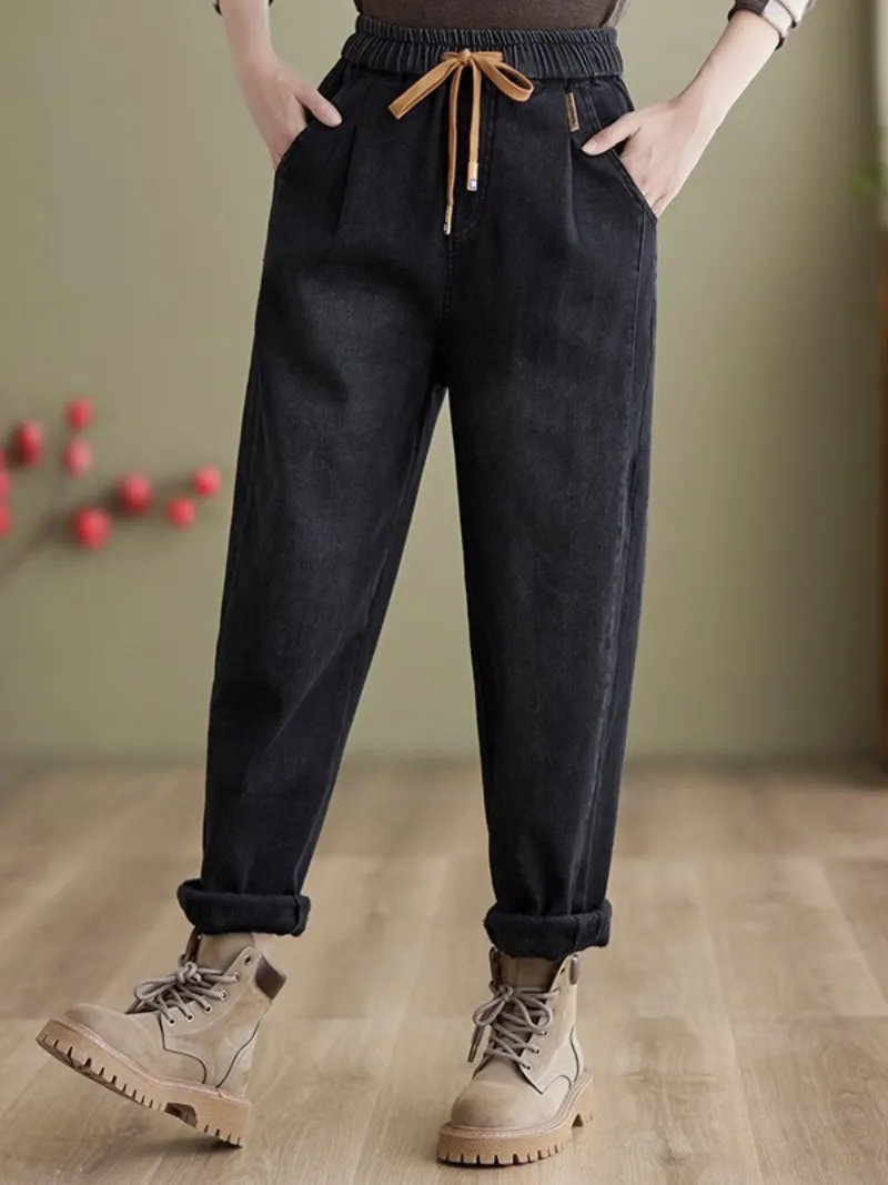 Women's Winter Velvet Thickened Jeans Elastic waist Tied Harem Pants